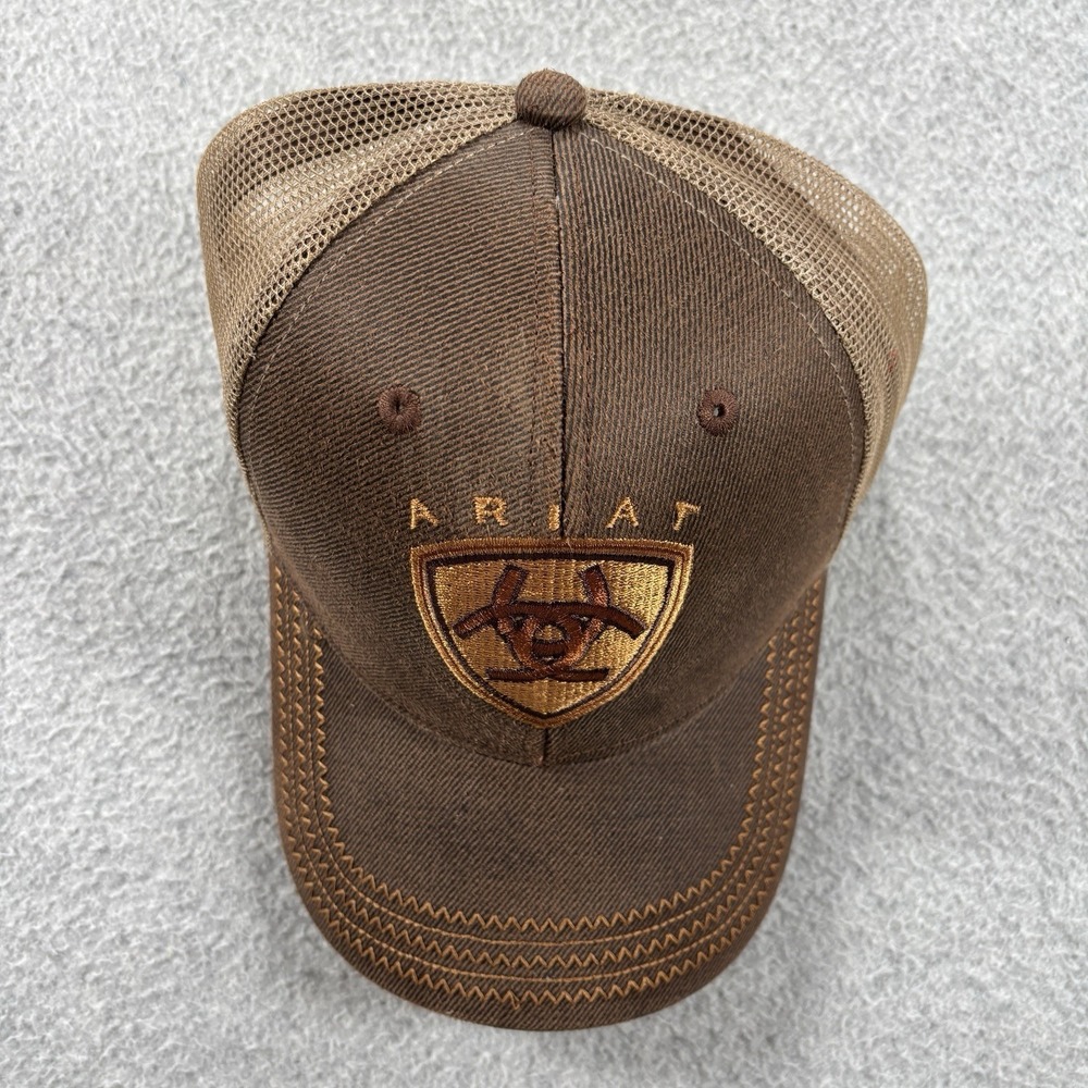 Ariat Western Brown Oilskin Structured Cap Adjustable Mesh Baseball Trucker Hat - Picture 2 of 7